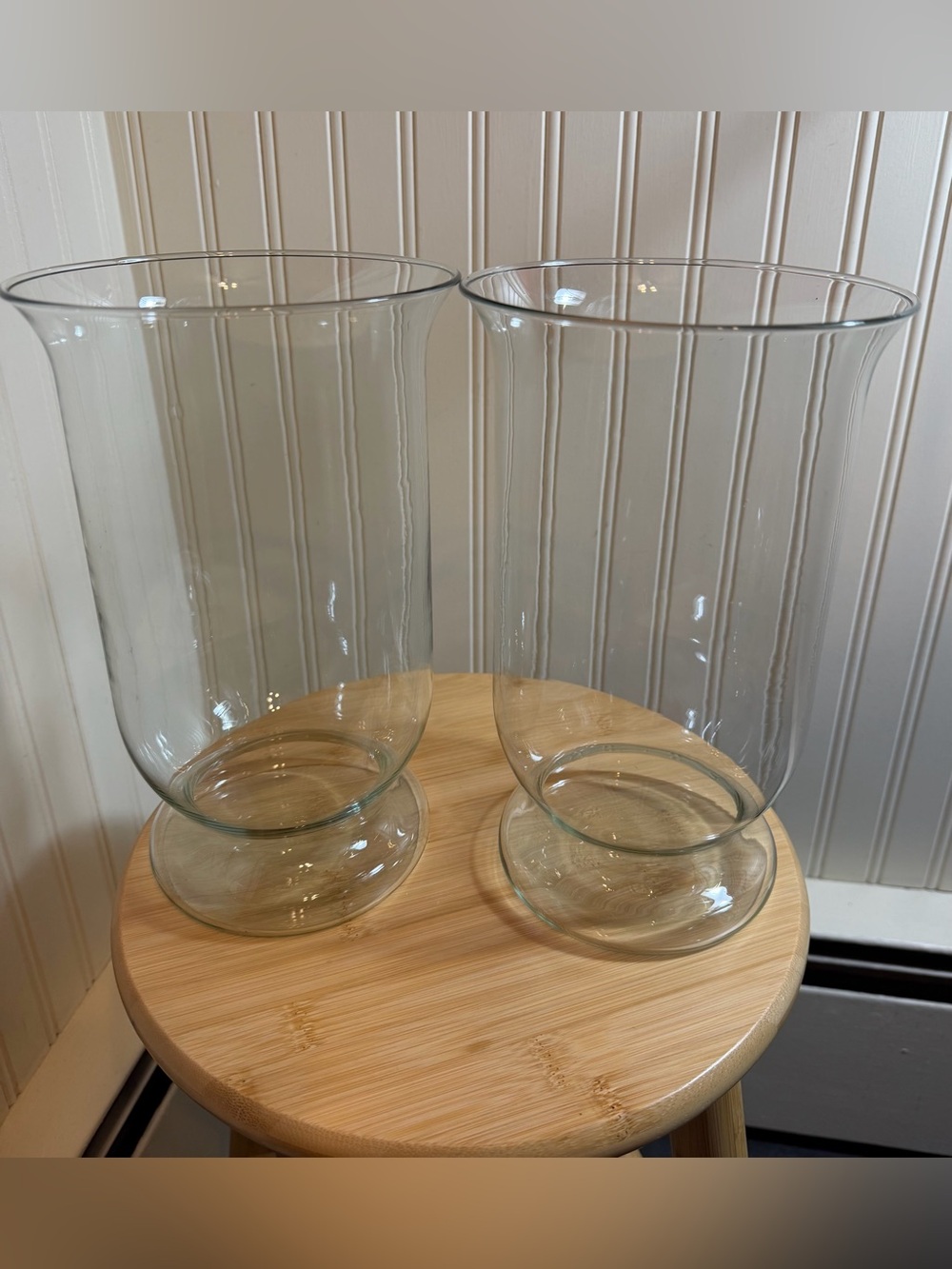 2 Clear Glass Footed Hurricane Vases - Elegant Candle Holders & Floral Vases